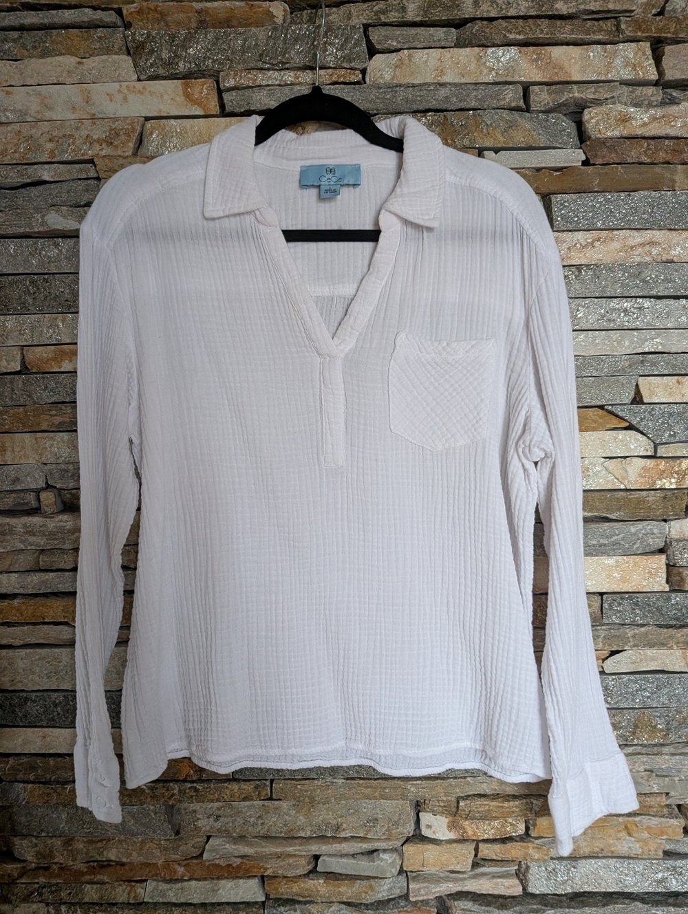 CeCe White Gauze V-Notch Tunic with Chest Pocket, Size L